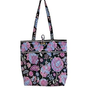 Vera Bradley Black Floral Tote Handbag Checkered Inside Floral Toggle‎ Closure